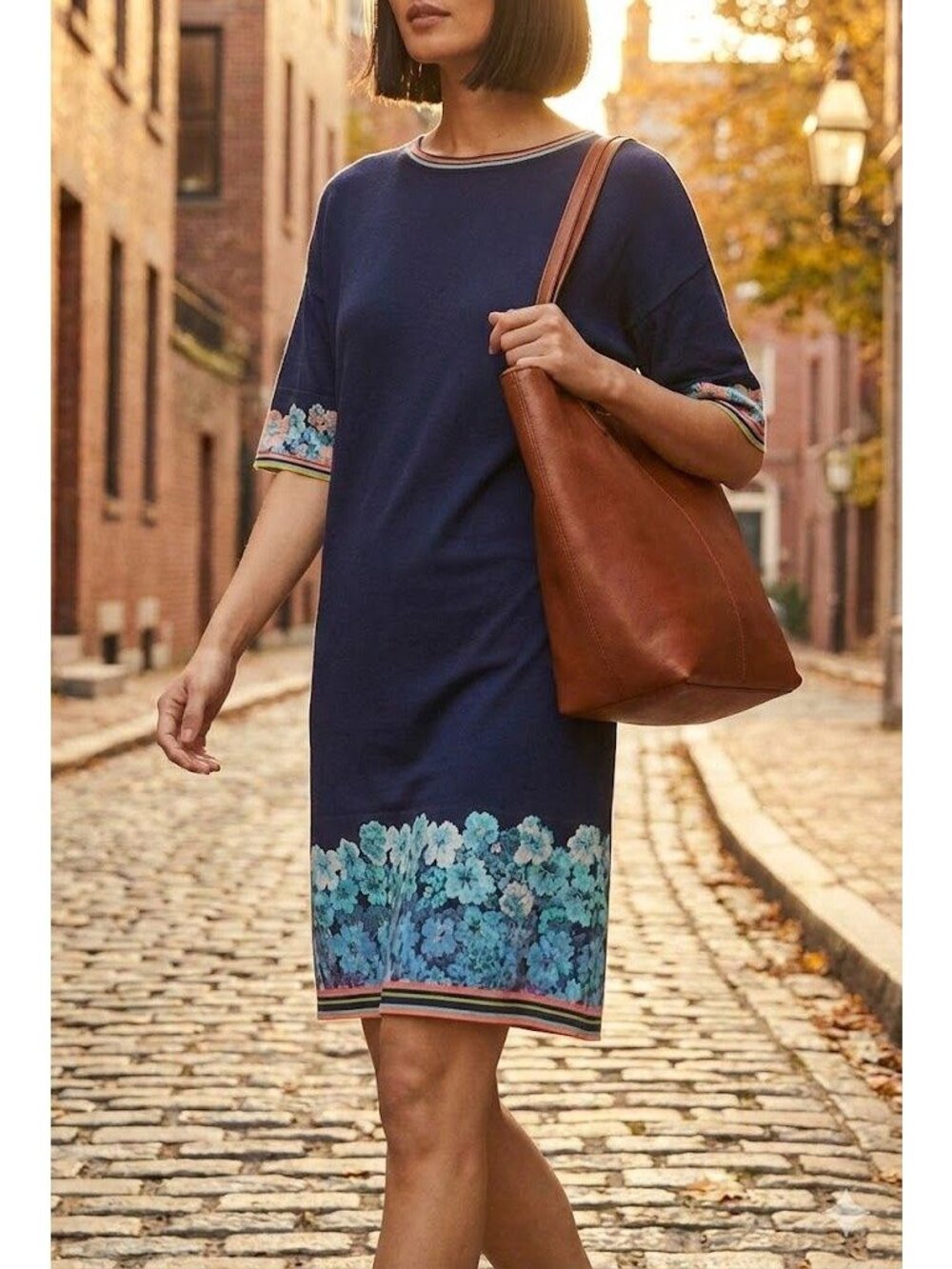 Ivko Dress Small 36 Navy Blue Floral Intarsia Knit Cotton Art to Wear Boho Folk